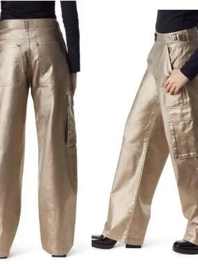 High Rise Wide Straight Leg Cargo Pants Metallic Gold Carpenter Unisex Statement